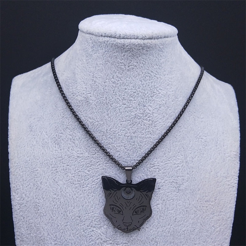 Goth Wicca Cat Moon Star Hollow Pendant Necklace Women Black Color Heptagram Witchcraft Stainless Steel Necklaces Jewelry N7079S