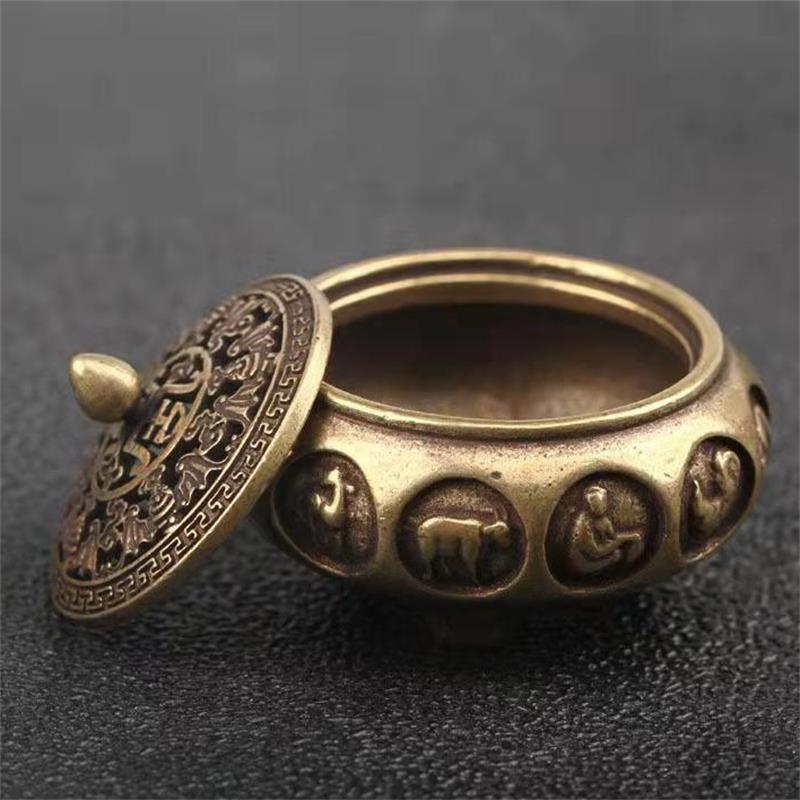 Retro Copper Incense Burner Incense Holder With Cover Twelve Chinese Zodiac Sign Censer Carving Desktop Ornament