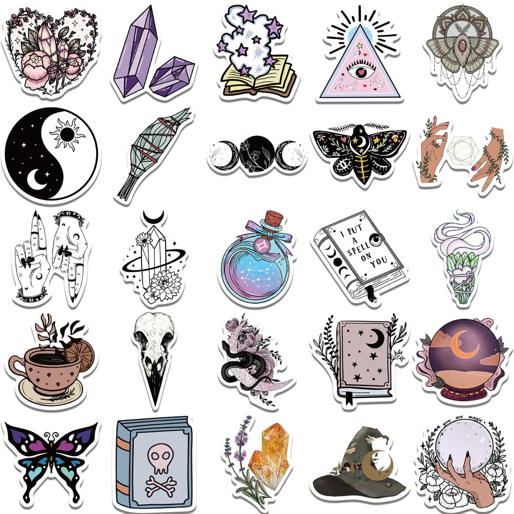 50pcs Retro Witch Magic Crystal Stickers For Laptop Stationery Ipad Craft Supplies DIY Scrapbooking Material Vintage Sticker