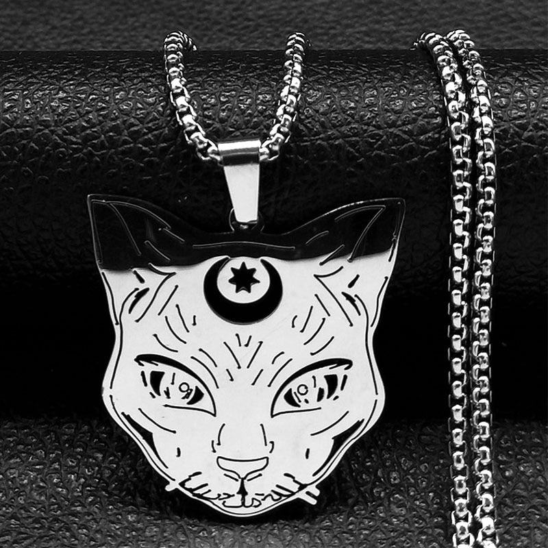 Goth Wicca Cat Moon Star Hollow Pendant Necklace Women Black Color Heptagram Witchcraft Stainless Steel Necklaces Jewelry N7079S