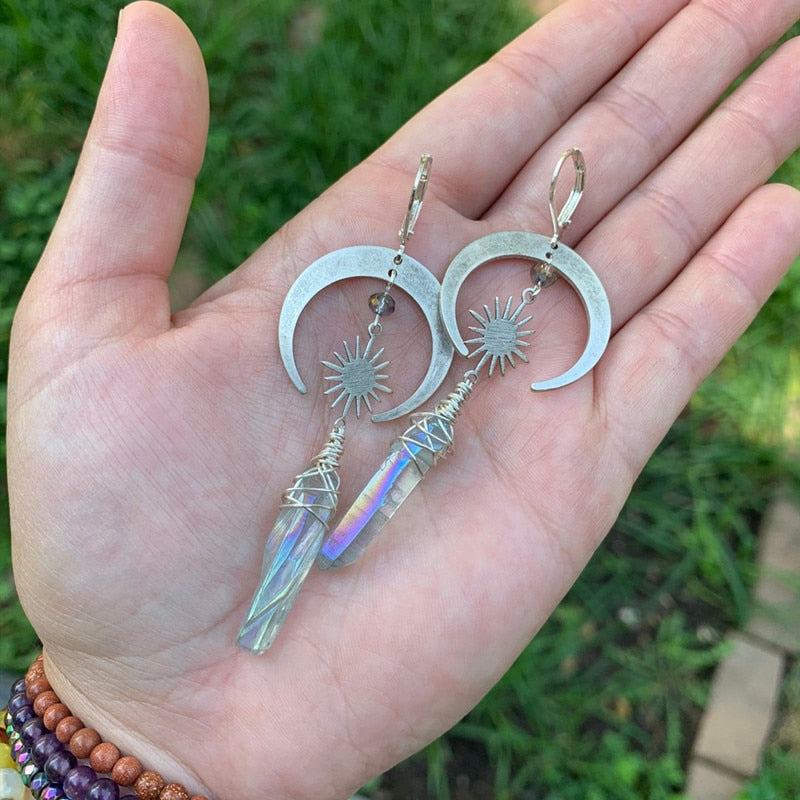 Celestial Aura Quartz Earrings, Moon and Star Earrings, Fashion Witch Jewelry, Bohemian Goddess Novelty Hippie Jewelry Gifts
