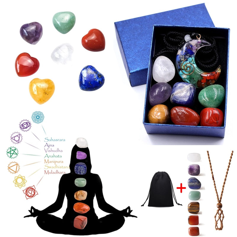 Natural Crystal Chakras Kit Amethyst Stone Healing Meditation Reiki 7 Chakra Yoga Stone Set Collection Gifts Necklace Spiritual