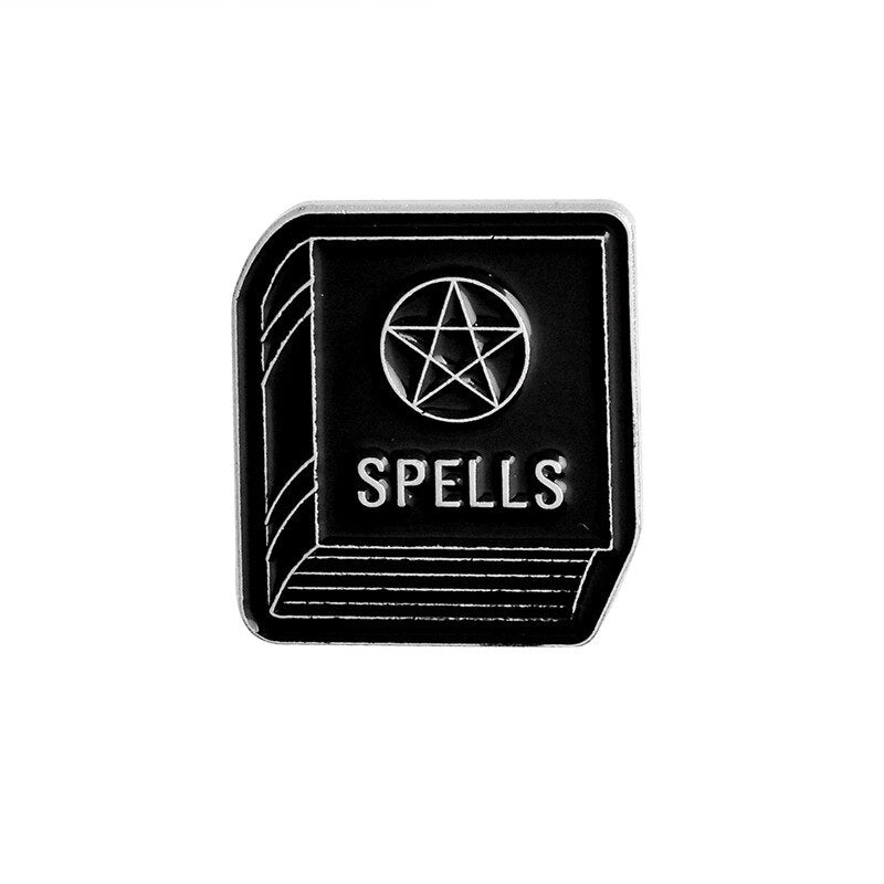 Best selling punk Witch coffin brooch Witch book Round Black brooch Dark series vintage badge