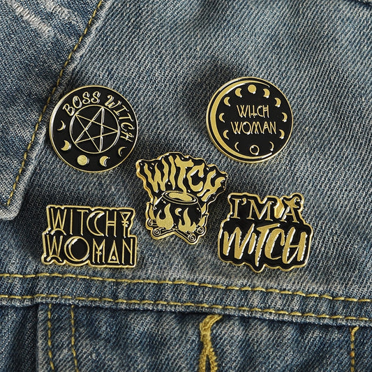 Black Witch Enamel Pins Pentagram Moon Magic Hat Brooches for Women Gothic Punk Lapel Pin Badge Anime Jewelry Gifts Wholesale