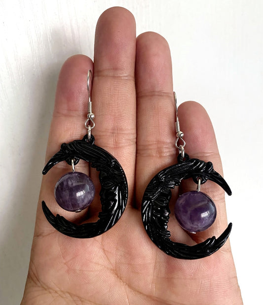 Purple Crystal Moon Earrings Crescent Moon Jewelry Dark Style Gothic Stone Pendant Magic Wiccan Witch Style Macabre Amulet