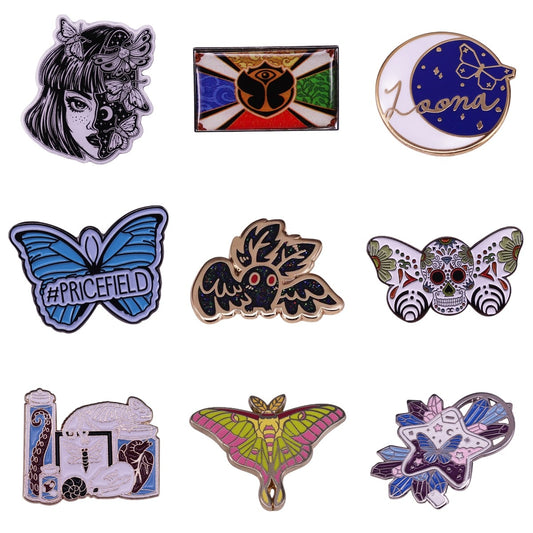 Excellent Quality Skull Butterfly Moth Enamel Lapel Pin Brooch Collection Celestial Moon Witch Badge Bag Spooky Halloween Decor