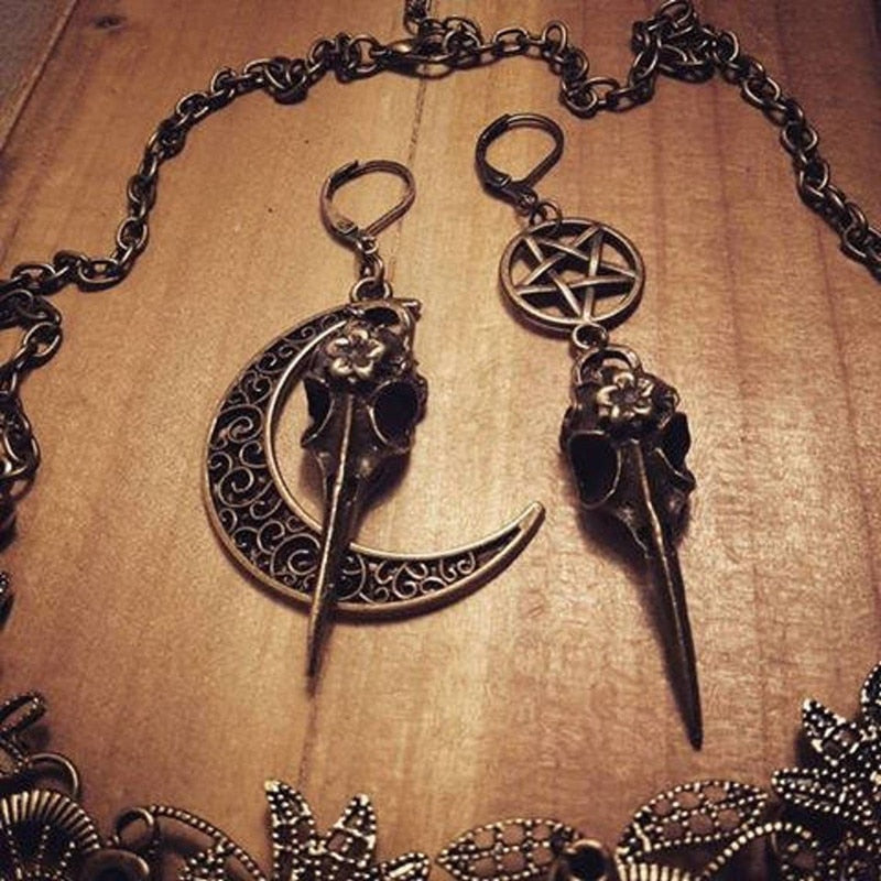 Vintage Asymmetric Earrings Raven Skull Pentagram Witch Crescent Earrings, Witchcraft Gothic Pagan, Steampunk Jewelry