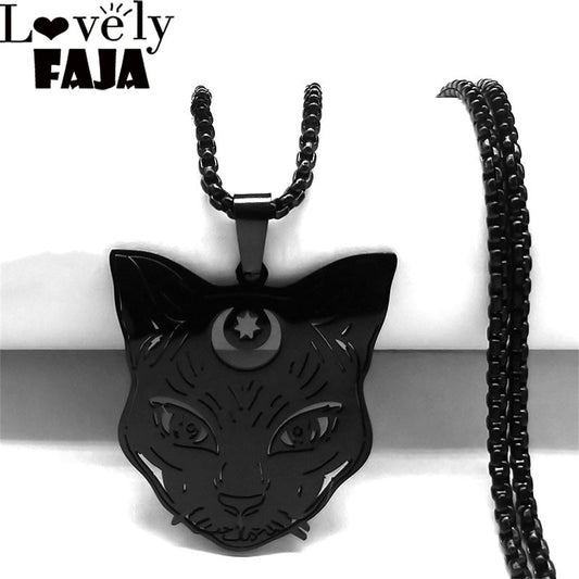 Goth Wicca Cat Moon Star Hollow Pendant Necklace Women Black Color Heptagram Witchcraft Stainless Steel Necklaces Jewelry N7079S