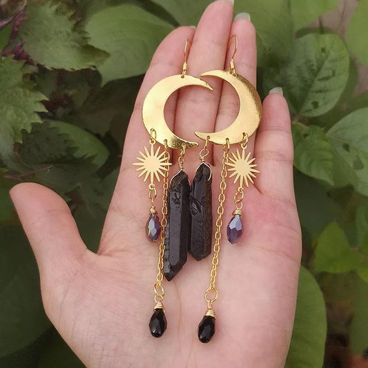 Raw Black Quartz Crystal with Moon and Star Drop Earrings Witch Celestial Jewelry Boho Earrings Women&#39;s Party Favors