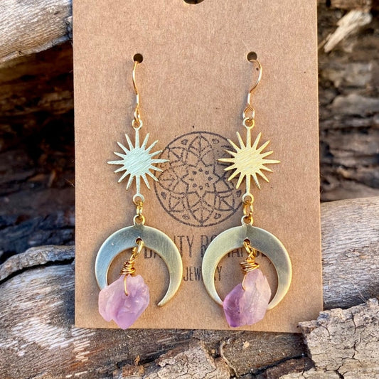 Fashion Gold Sun and Moon Earrings, Natural Quartz Purple Crystal Pendant Earrings, Bohemian Hippie Celestial Jewelry