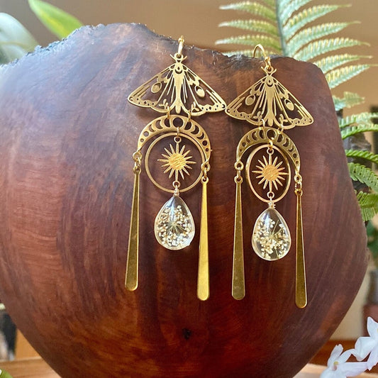 Gothic Moth Earrings, Gold Sun Moon Earrings, White Resin Flower Drop Moth Earrings, Hypoallergenic Stray Jewelry