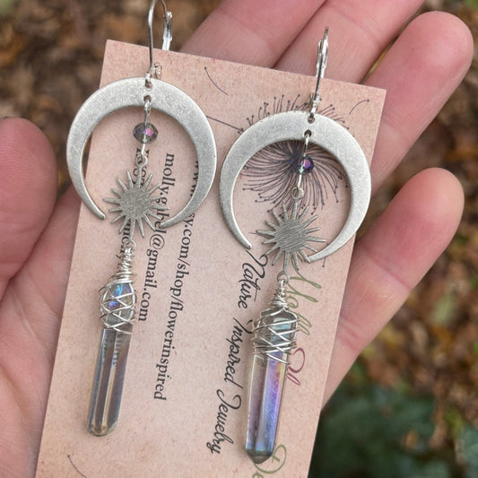 Celestial Aura Quartz Earrings, Moon and Star Earrings, Fashion Witch Jewelry, Bohemian Goddess Novelty Hippie Jewelry Gifts