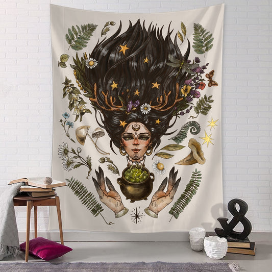 Vintage Witchcraft Tapestry Sun Wall Hanging Botanical Celestial Floral Wall Tapestry Hippie Flower Wall Carpets Dorm Decor