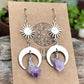 Fashion Gold Sun and Moon Earrings, Natural Quartz Purple Crystal Pendant Earrings, Bohemian Hippie Celestial Jewelry