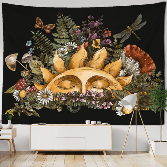 Vintage Witchcraft Tapestry Sun Wall Hanging Botanical Celestial Floral Wall Tapestry Hippie Flower Wall Carpets Dorm Decor