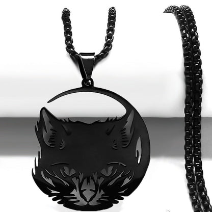 Goth Wicca Cat Moon Star Hollow Pendant Necklace Women Black Color Heptagram Witchcraft Stainless Steel Necklaces Jewelry N7079S