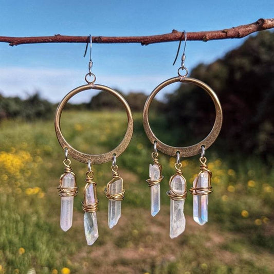 Bohemian Hoop Earrings-Quartz Earrings-Natural Crystal Earrings-Chandelier Earrings-Brass Hoop Earrings-Gift for Wife