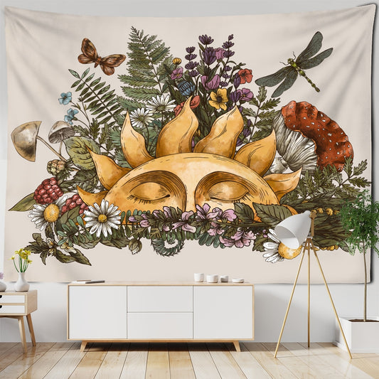 Vintage Witchcraft Tapestry Sun Wall Hanging Botanical Celestial Floral Wall Tapestry Hippie Flower Wall Carpets Dorm Decor