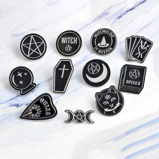 Best selling punk Witch coffin brooch Witch book Round Black brooch Dark series vintage badge